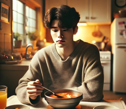 DALL·E 2025-03-15 08.49.59 - A young Korean man sitting at a table in a cozy kitchen, drinking hot soup for a hangover recovery. He looks slightly tired but relieved, wearing casu.jpg width: 100%; height : 150px