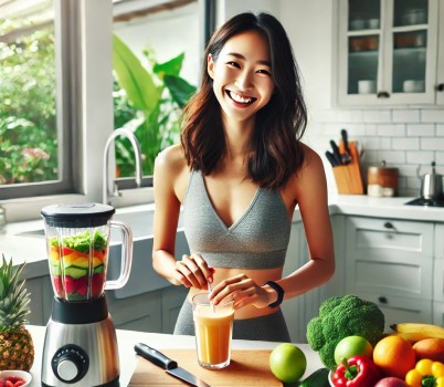 DALL·E 2025-03-15 11.56.49 - A healthy Korean woman in a bright, modern kitchen preparing a nutritious smoothie with fresh fruits and vegetables. She is smiling, wearing comfortab.jpg width: 100%; height : 150px