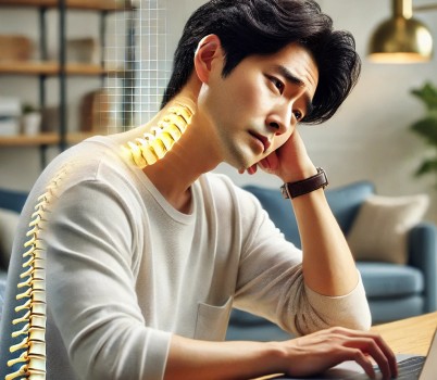 DALL·E 2025-03-17 12.18.57 - A realistic digital photo of a Korean man in his late 20s sitting at a desk with poor posture, showing symptoms of text neck syndrome (forward head .jpg width: 100%; height : 150px